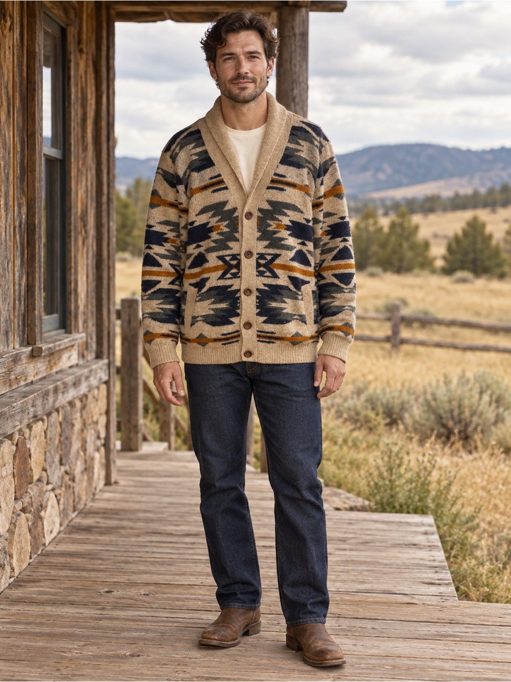 Ethan Pierce Men’s L Southwestern Shawl Collar Cardigan Wool Blend